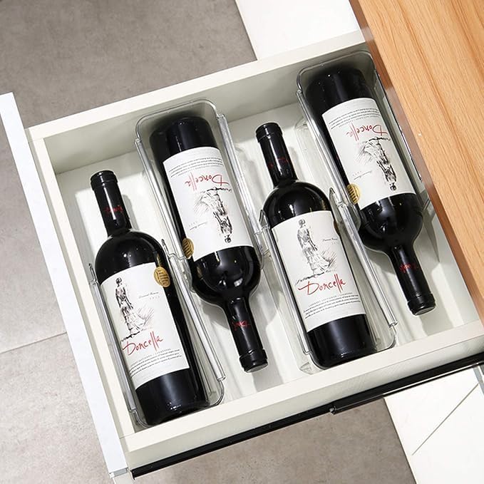 4 Pack Plastic Stackable Water Bottle and Wine Rack Storage Organizer for Kitchen Countertops, Pantry, Fridge, Clear