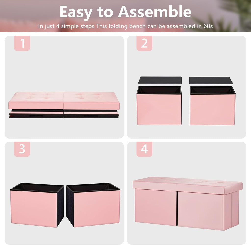 Folding Ottoman Bench with Storage - 34Inches Teddy Velvet Foot Stool Ottoman Bench, Padded Seat, Storage Chest,Blanket Store, for Entryway Livingroom and Bedroom,Pink (34" D x 13" W x 13" H)