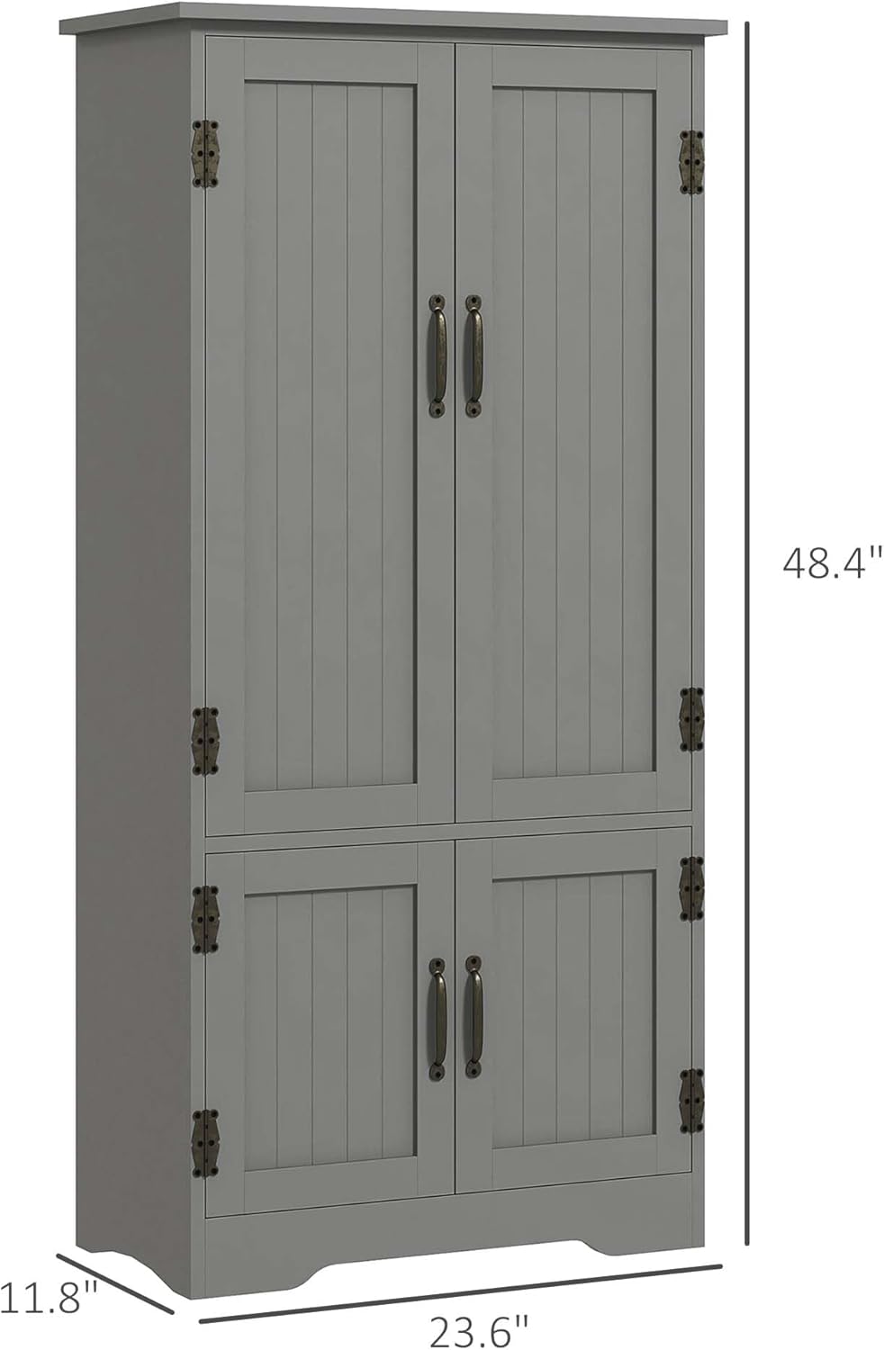 48.5" Kitchen Pantry Cabinet, Compact Farmhouse Storage Cabinet Organizer with 2 Adjustable Shelves and 4 Beadboard Doors for Dining Room, Gray,11.8 * 23.5 * 48.5