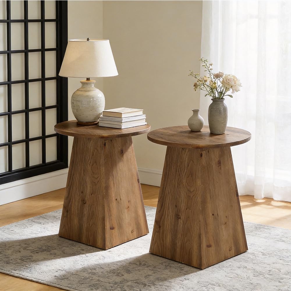 Solid Wood End Table Set of 2, 19” Round Side Table with Trapezoid Base for Small Spaces, Living Room, Easy Assembly, Vintage Brown