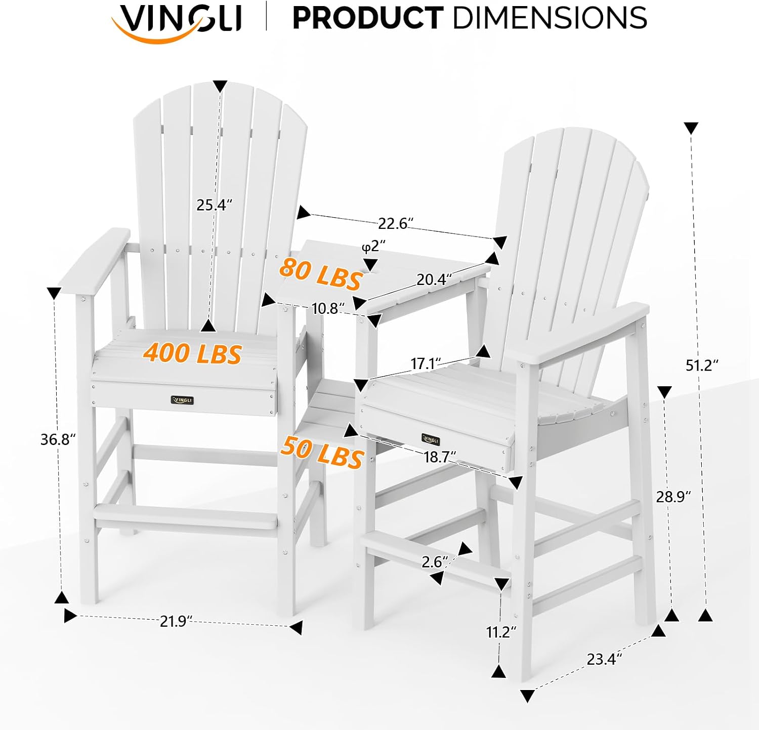 VINGLI Tall Adirondack Chairs Set of 2, All Weather HDPE Bar Height Adirondack Chair with Double Trays, Adirondack Barstools for Balcony, Poolside, Backyard and Patio (White)