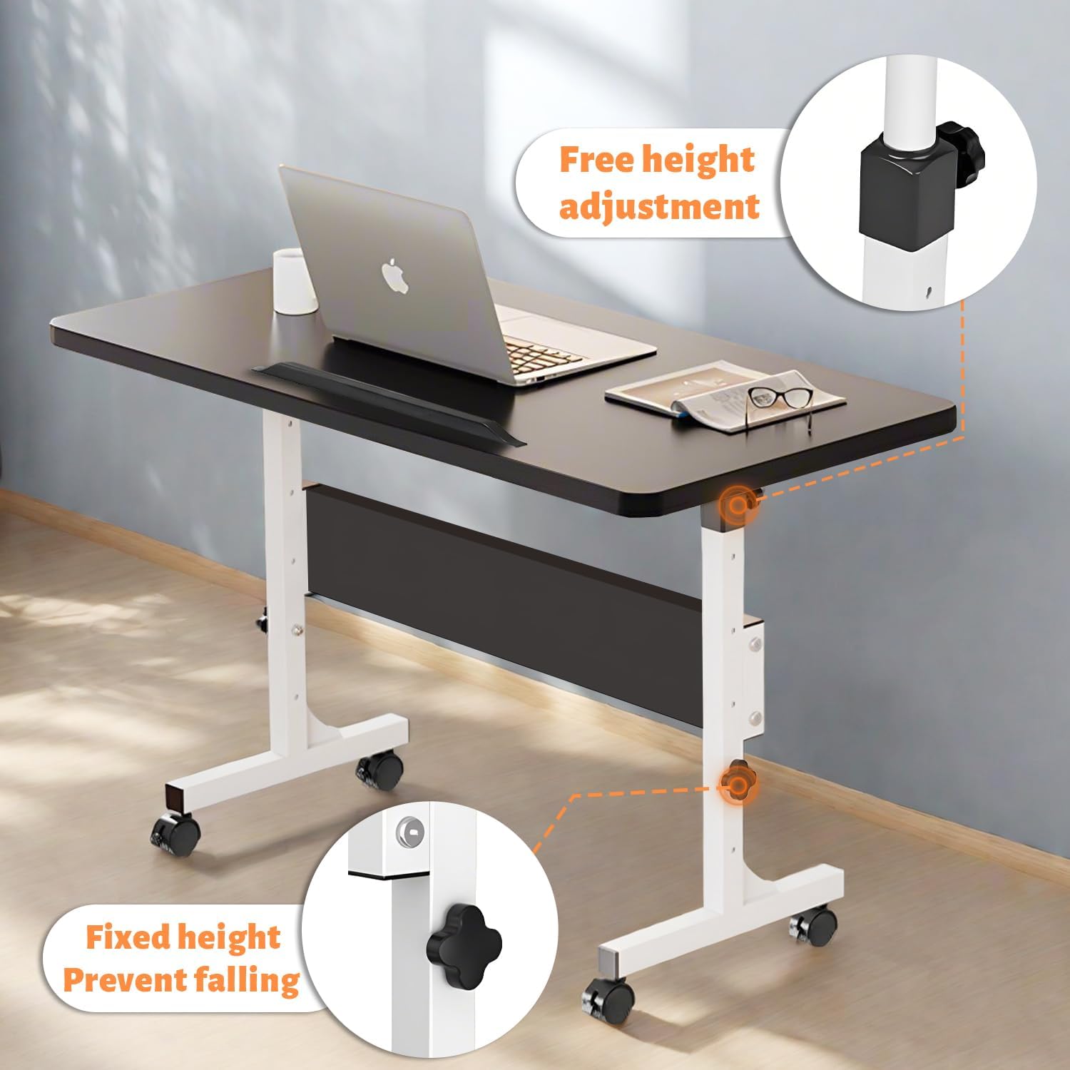 Rolling Desk Adjustable Height,Portable Laptop Desks,Small Standing Desk with Wheels for Home Office (31.50 * 15.75,Black)