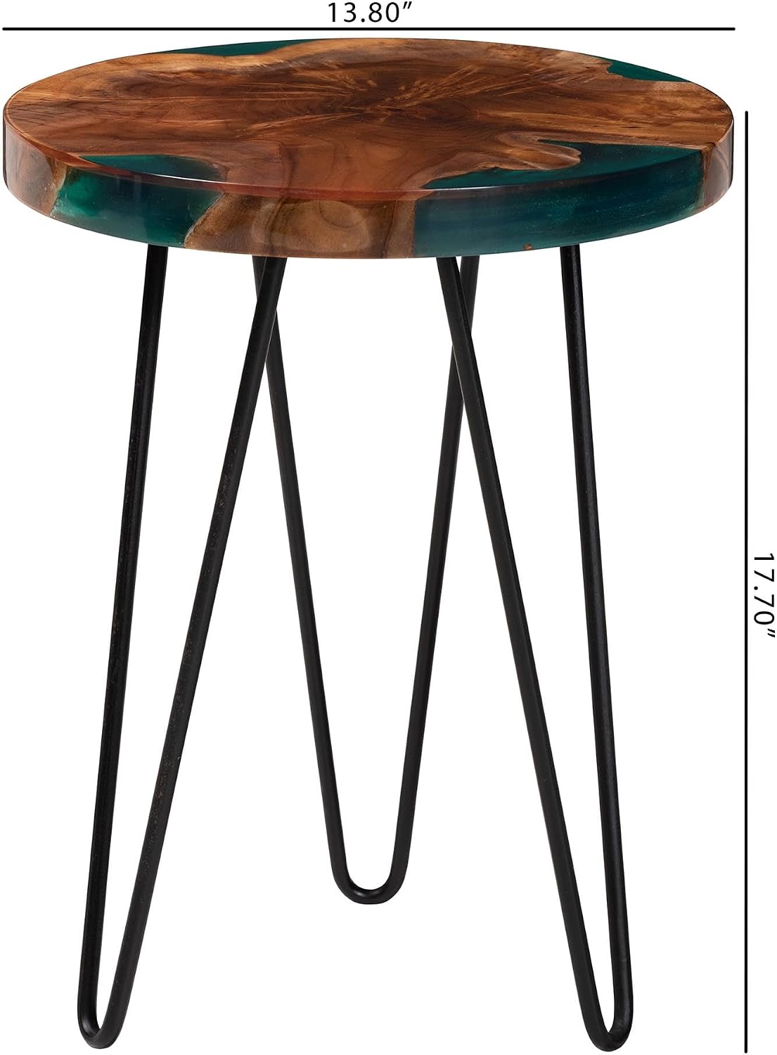 Bali & pari ANAN Teak Wood Epoxy Resin End Table - Round Live Edge Side Table with Black Metal Legs, Handcrafted Modern Rustic Accent Table for Living Room or Bedroom, Round