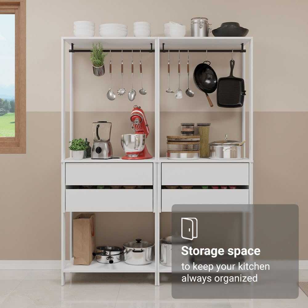 Madesa Kitchen Pantry Storage Rack with 4 Drawers 4 Shelves and 2 Hanging Rods 55" L Modular Multiuse Cabinet for Kitchen Organization - White