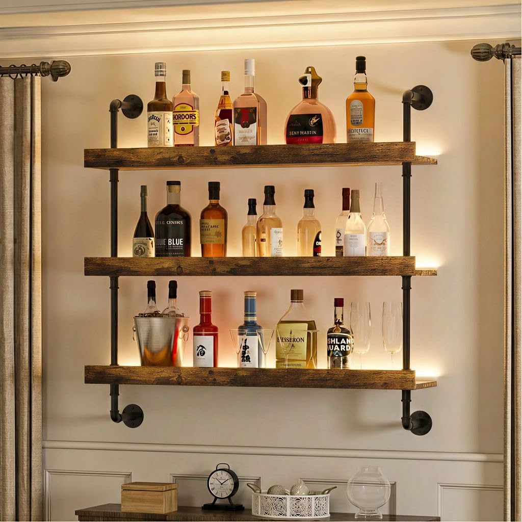 23.6“ Wall Mounted Wine Rack with LED Lights,3-Tier Floating Bar Shelf for Liquor Bottle Display & Storage,Modern Wine Shelf Organizer for Kitchen, Home Bar & Dining Room
