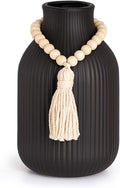 JOHOUSE Black Ceramic Vase, 7.9 Inch Tall Boho Ribbed Vase with Wooden Beads Tassel for Pampas Grass, Wedding Centerpiece, Coffee Table, Bedroom & Apartment, Neutral Farmhouse Decor
