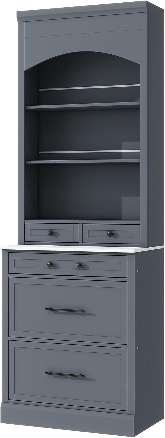Modern 83.7inch High Kitchen Pantry Storage Cabine, Freestanding Tall Kitchen Hutch with Faux Marble Top, Display Cupboard Cabinet with 5 Storage Drawers and Adjustable Shelf, Gray