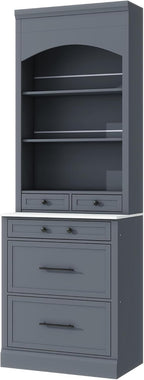 Modern 83.7-inch High Kitchen Pantry Freestanding Tall Hutch with Faux Marble Top, Display Cupboard Cabinet Featuring 5 Storage Drawers and Adjustable Shelf for Efficient Organization (Gray)
