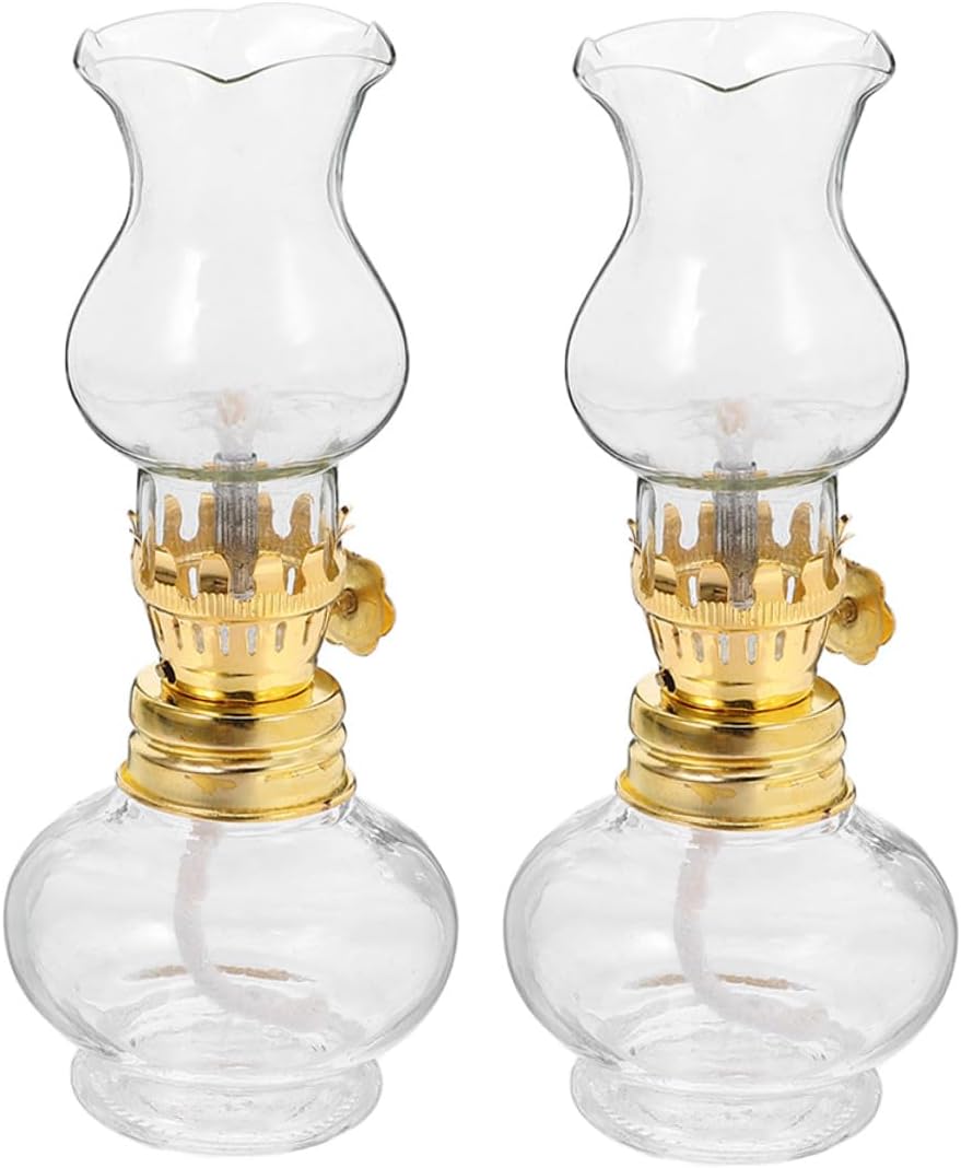 FRCOLOR 2pcs Small Glass Kerosene Oil Lamps 30ml Vintage Indoor Lantern Lights with Long Burning Wick for Emergency Lighting and Home Décor