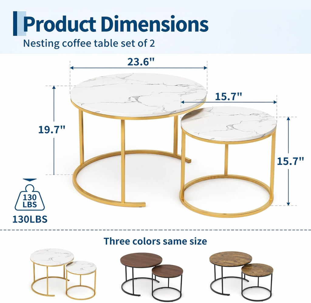 Garvee 23.6/15.7 Inch Round Nesting Coffee Table Set of 2, Round Coffee Table for Living Room, Space Saving Nesting Tables with Faux Marble Top, Metal Frame, Adjustable Feet for Bedroom