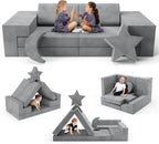 Lischwert Kids Couch, Modular Kids Play Couch, Child Sofa for Girls Boys, Toddler Sectional Sofa with Building Fort, Convertible Foam Playhouse for Baby Indoor Outdoor (9, Grey)