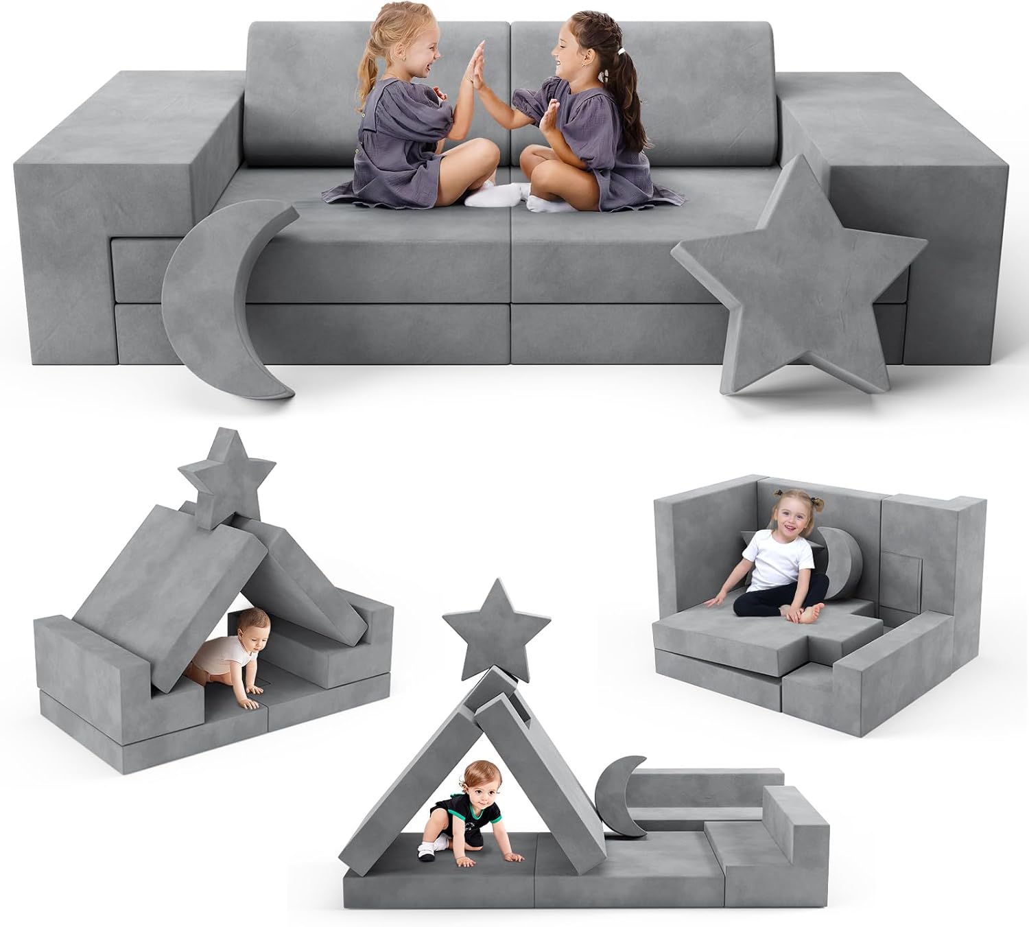 Lischwert Kids Couch, Modular Kids Play Couch, Child Sofa for Girls Boys, Toddler Sectional Sofa with Building Fort, Convertible Foam Playhouse for Baby Indoor Outdoor (9, Grey)