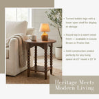 Pembroke 22” Round Cottage End Table with Spindle Legs, Lower Shelf Storage & Levelers, Rustic Oak Veneer & Pine Wood | Cocoa Brown