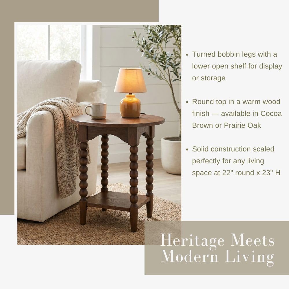 Pembroke 22” Round Cottage End Table with Spindle Legs, Lower Shelf Storage & Levelers, Rustic Oak Veneer & Pine Wood | Cocoa Brown