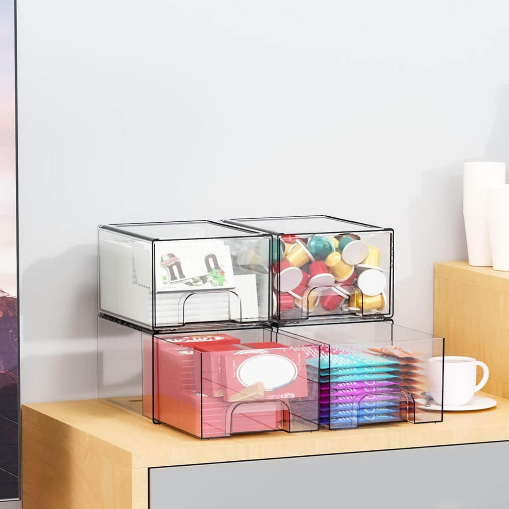 4.4" Tall Small Clear Acrylic Stackable Storage Drawers for Vanity,Under Sink,Bathroom Closet,Medicine Cabinet Organization and Plastic Storage Bins for Organizing Makeup,Baby Bottles,Pacifier,4 PCS