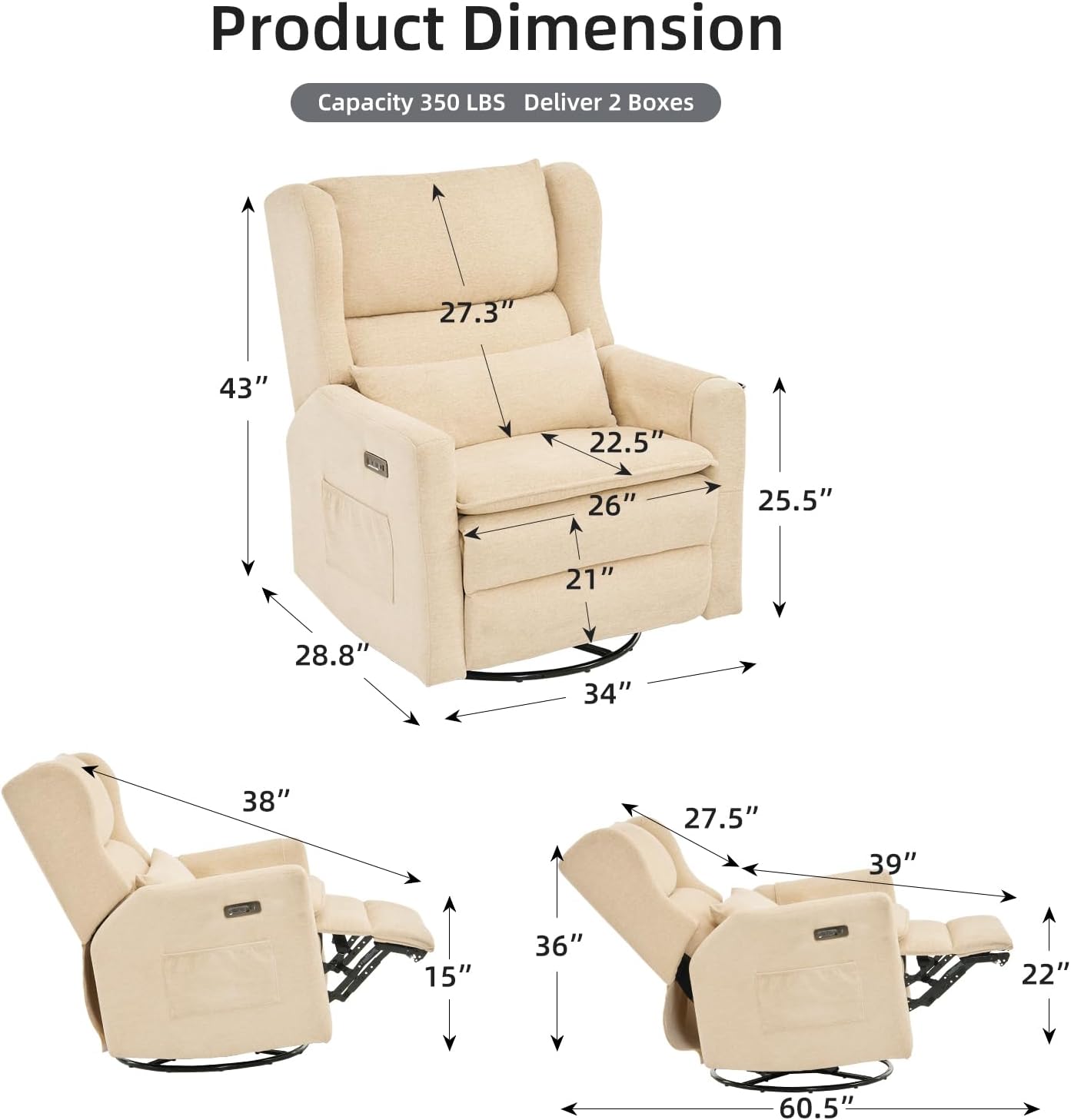 Power Recliner Chair Swivel Glider,Oversized Nursery Chair Recliner with Lumbar Support, Upholstered Swivel Rocker Recliner Chair, Glider Nursery Chair with Adjustable Headrest, Beige