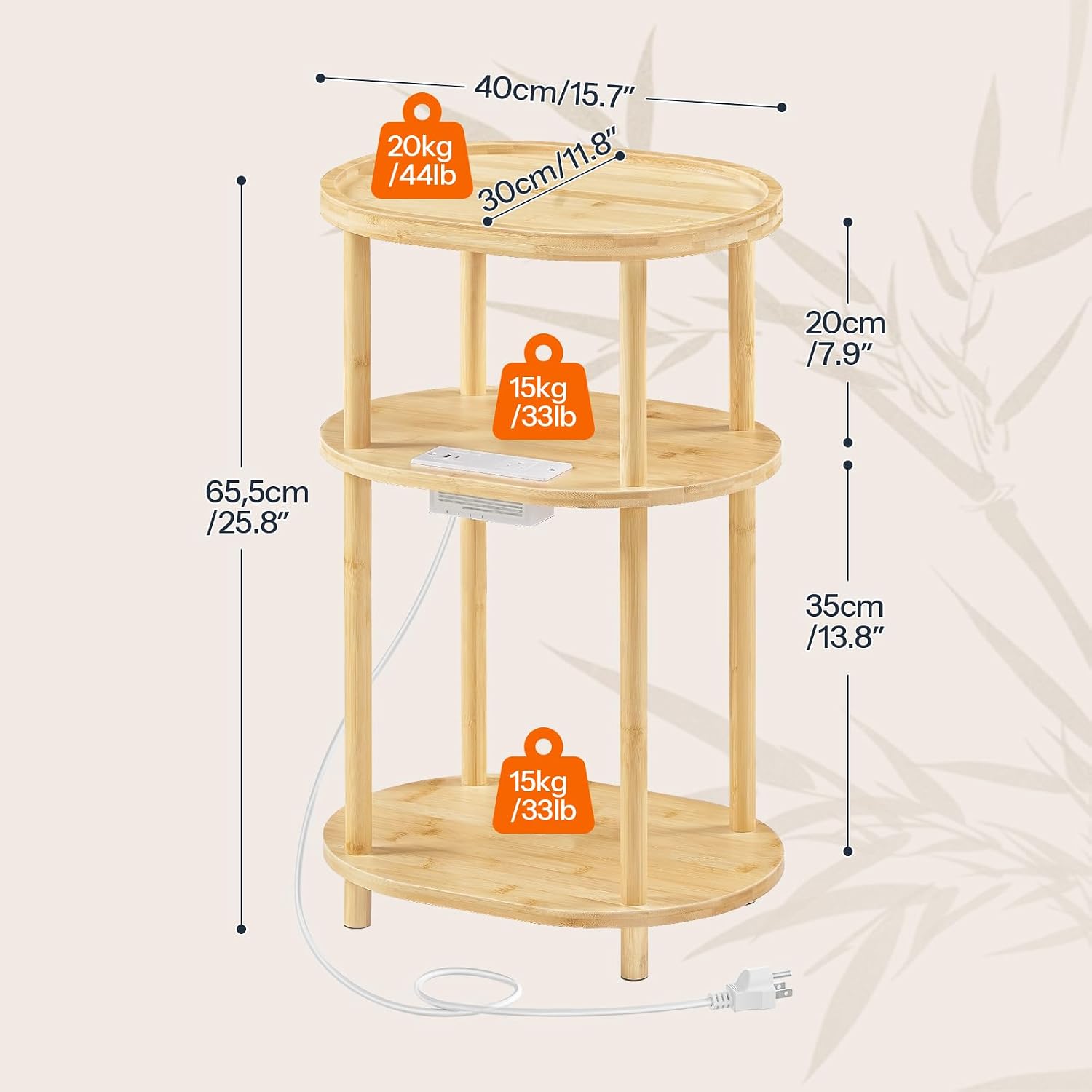 HOOBRO Small Side Table with Charging Station, Small End Table, 3-Tier Oval Bamboo Accent Table, Compact Sofa Bedside Table, for Living Room, Bedroom, Apartment, Natural YL177UBZ01