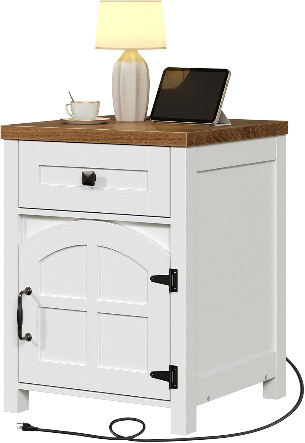 HOOBRO Farmhouse End Table with Charging Station, End Tables Living Room with Drawer, Rustic Nightstand with Arched Barn Door, Wooden Sofa Side Bedside Table, White and Walnut WH406UBZ01