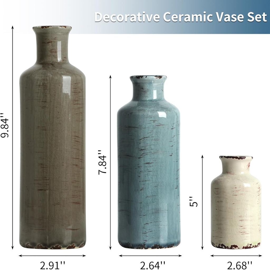 CUCUMI Ceramic Vases Set of 3, Rustic Coastal Vases Home Decor | Farmhouse Flower Vases Decor for Shelves, Ocean Beach Style, Mantle, Fireplace, Coffee Table, Shelf Decorations
