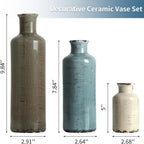 CUCUMI Ceramic Vases Set of 3, Rustic Coastal Vases Home Decor | Farmhouse Flower Vases Decor for Shelves, Ocean Beach Style, Mantle, Fireplace, Coffee Table, Shelf Decorations