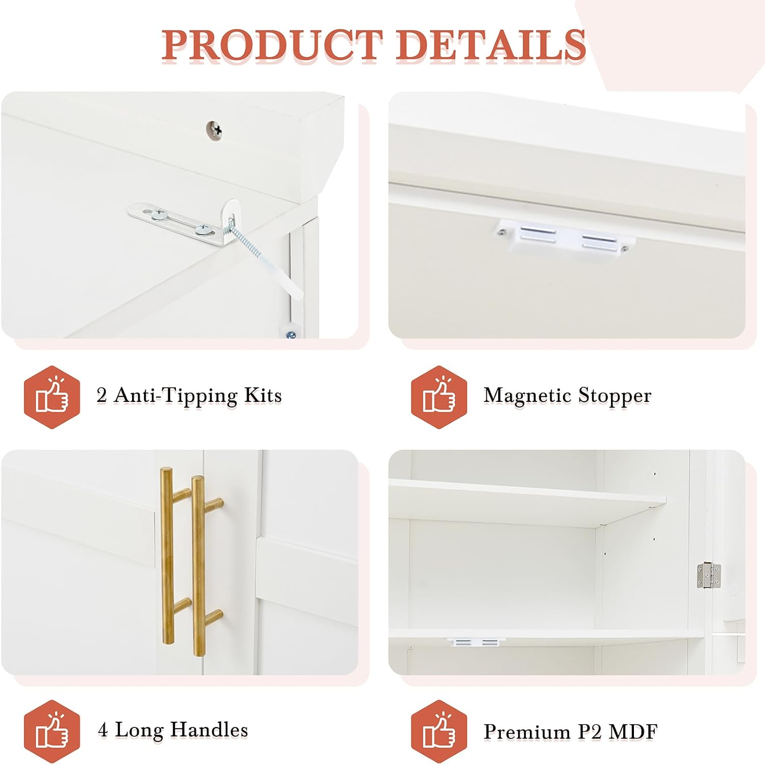 Freestanding Kitchen Pantry Cabinet, Tall Larder Cupboard Storage Cabinet with 4 Doors, 2 Door Shelves, 8 Pull-Out Trays and Adjustable Shelf for Dining Room