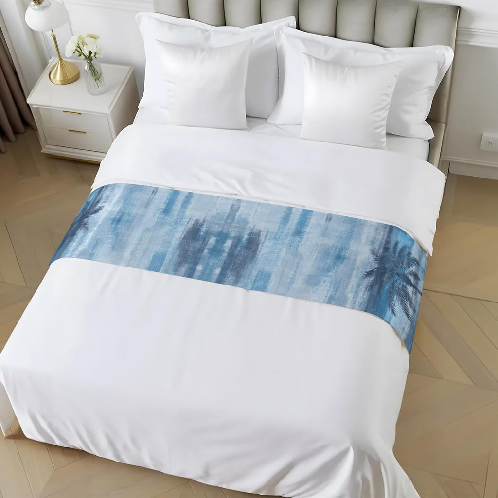 Navy Blue Palm Tree Bed Runner Scarf King Size, Coastal Tropical Trees Vintage Summer Luxury Bed Throw Runners & Scarves for Twin Full Queen King Foot of Beds, Hotel Decoration, 94"x20"