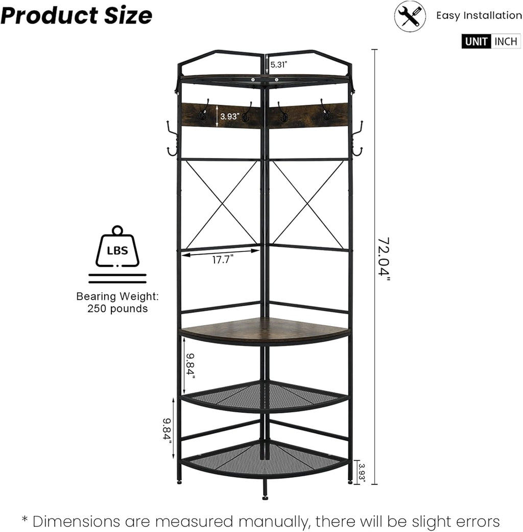 Recaceik 5-in-1 Hall Tree Entryway Bench Coat Rack with 11 Hooks and 2 Hanging Rods, Grid Panel Home Organizer Shoe Shelf for Corner, Hallway, Closet, Rustic Brown