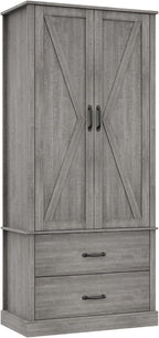 Takywep Freestanding Farmhouse Pantry Cabinet with Barn Doors, Adjustable Shelves & Large Drawers,Versatile Kitchen Storage Cupboard for Dining or Living Room,Pastoral Gray
