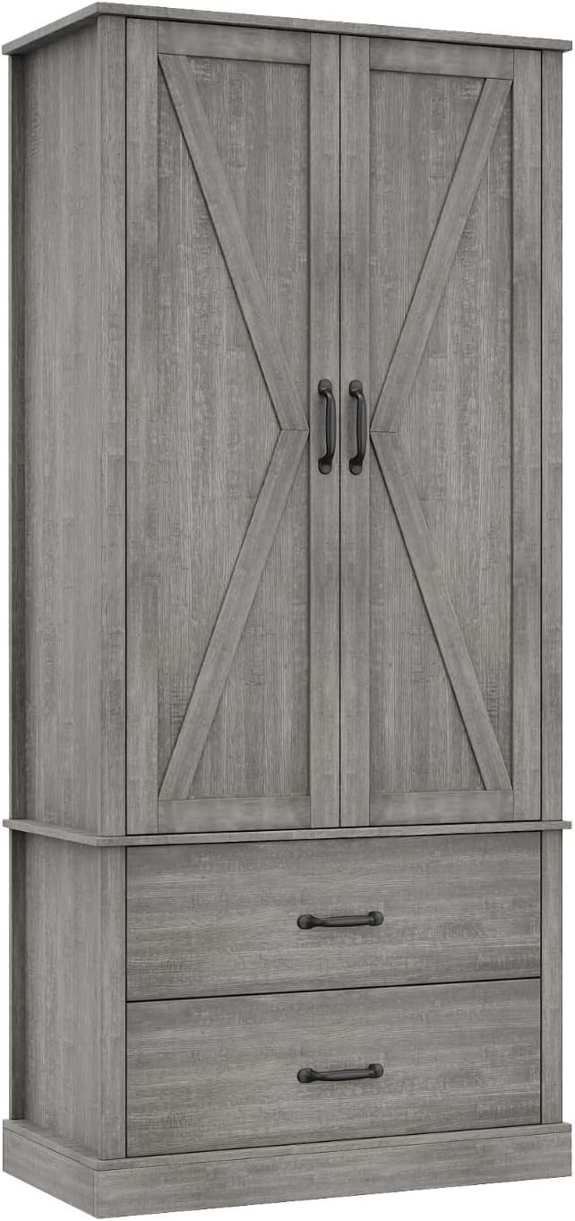 65" Tall Kitchen Pantry Cabinet with Barn Doors, Drawers & Adjustable Shelf, Farmhouse Storage Cabinet with Doors and Shelves for Kitchen Pantry Storage Cabinet, Dining Room, Laundry & Entryway, Grey