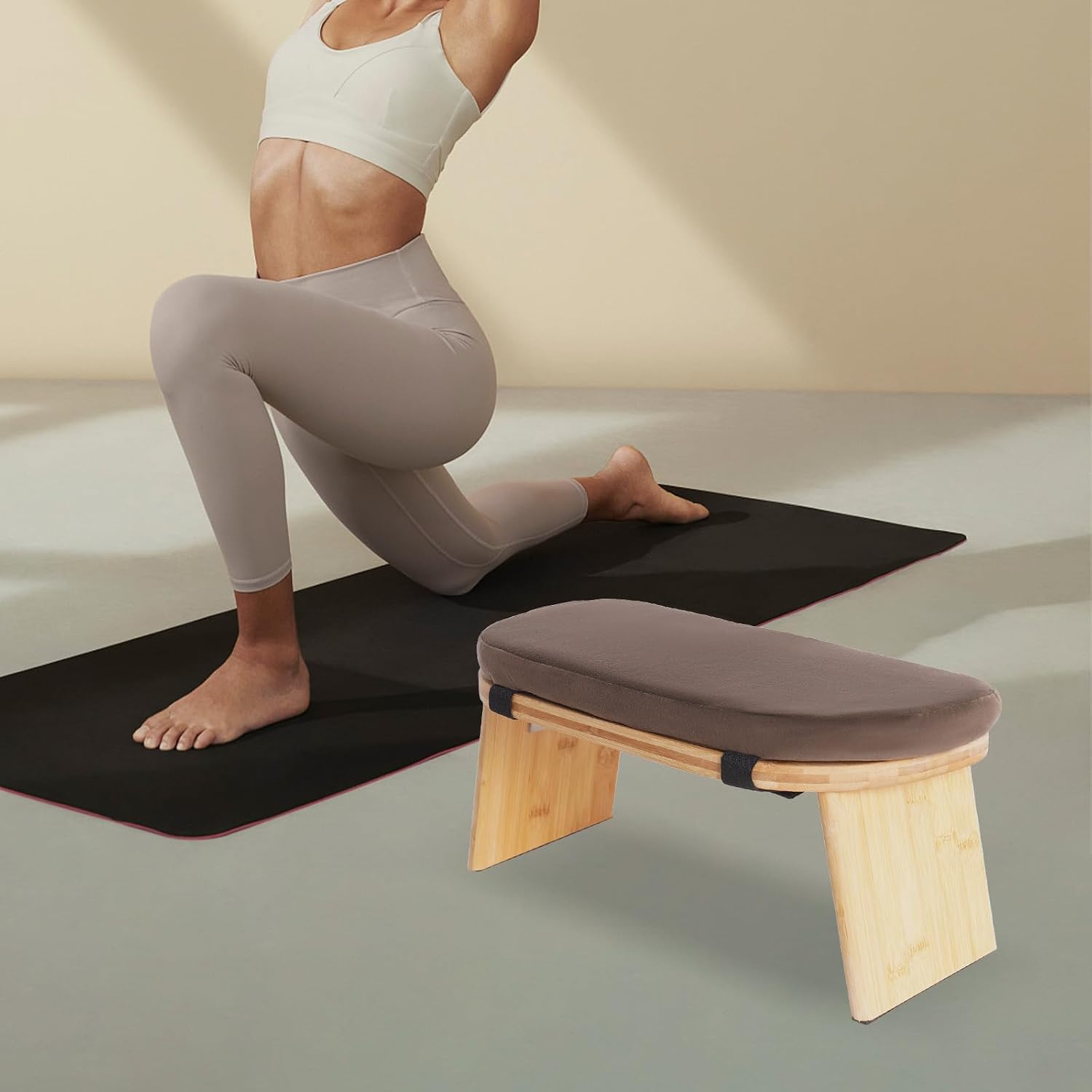 Folding Bamboo Kneeling Meditation Bench, 17.3 x 7.5 x 8.3in | Anti-Slip Feet, Capacity 396Lbs, Portable