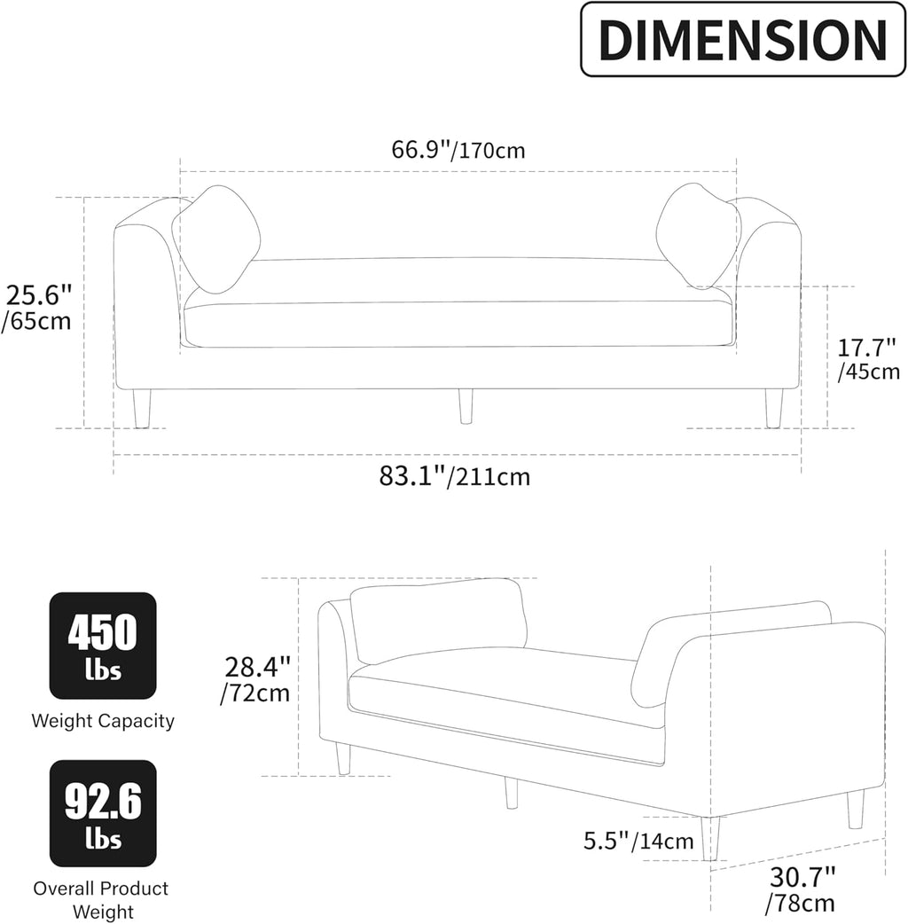 mikibama 83.1" Extra Long Ottoman Bench for Bedroom,Oversized Chenille Upholstered Chaise Lounge Sofa Benches,Modern End of Bed Bench with Arms,Lounger Daybed Couch with Pillows (Wheat)