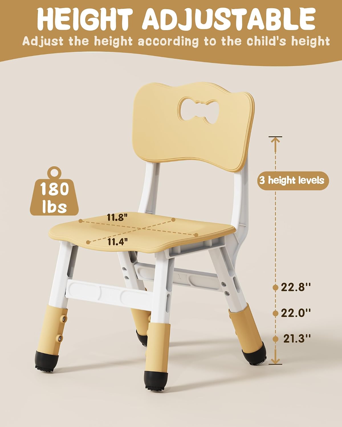 Brelley Kids Chairs (2pcs) Height Adjustable Toddler Chairs for Table, for Indoor & Outdoor Use Classroom/Daycare/Home for Ages 3-8, 180lbs High Bearing Toddler Chair, CPC & CE Approved- Beige