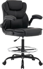 Drafting Chair Tall Office Chair for Standing Desk, 500lbs Heavy Duty Executive Chair with Flip-up Arms, 3D Contoured Leather Desk Chair with Adjustable Foot Ring & Height for Counter Height Desk