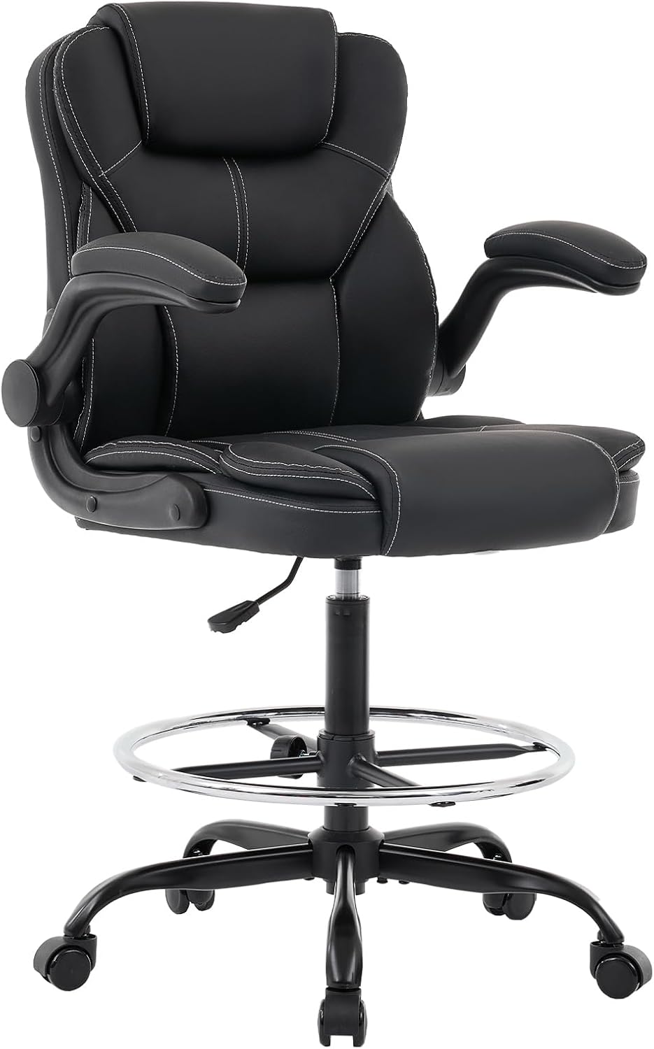 Drafting Chair Tall Office Chair for Standing Desk, 500lbs Heavy Duty Executive Chair with Flip-up Arms, 3D Contoured Leather Desk Chair with Adjustable Foot Ring & Height for Counter Height Desk