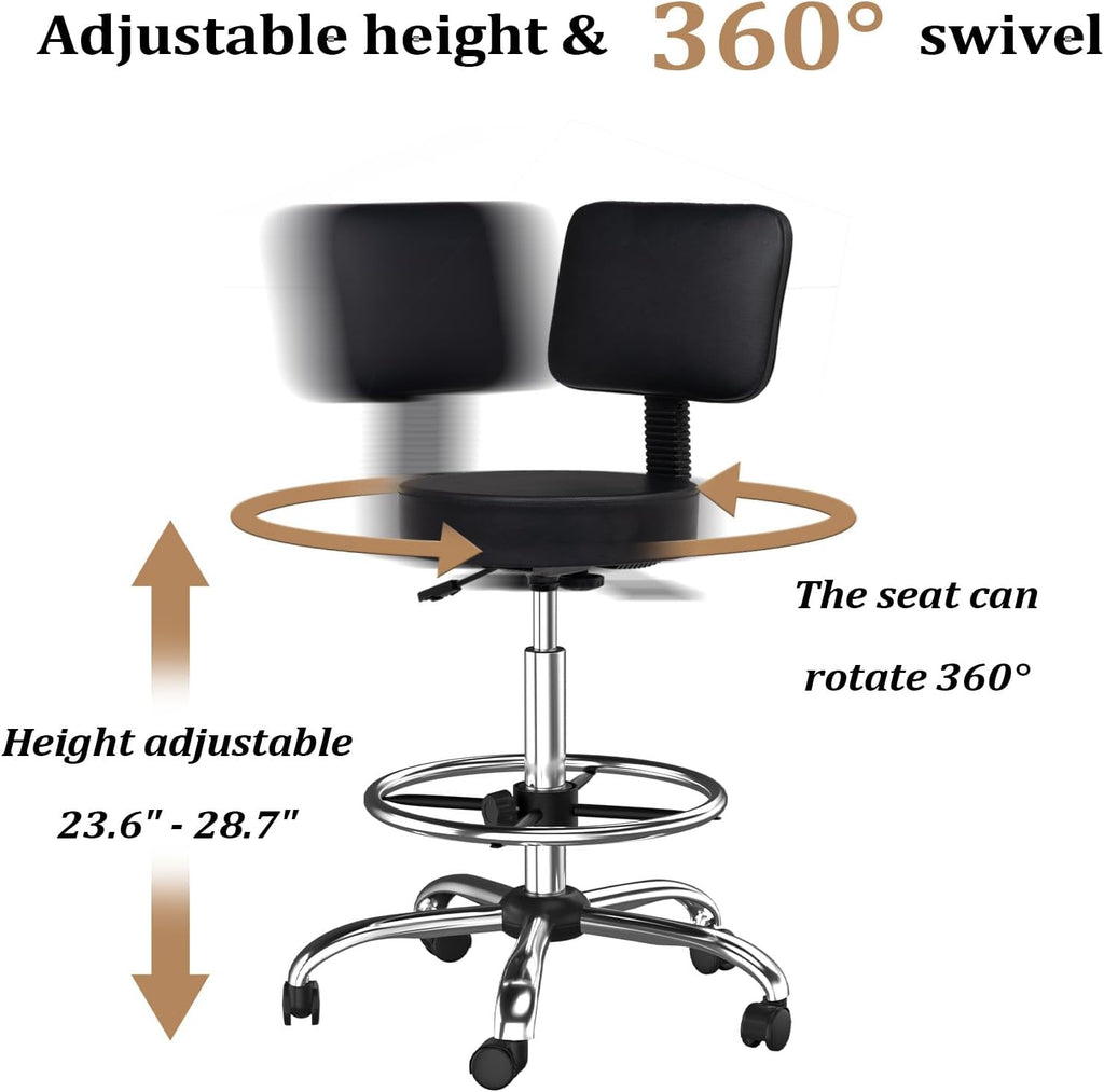 OmySalon Drafting Chair,Ergonomic Office Desk Chair with Back Support,Tall Adjustable Rolling Stool with Footrest & Thick Seat Cushion,Computer Chair for Salon Medical Spa Home Bar Kitchen, Black
