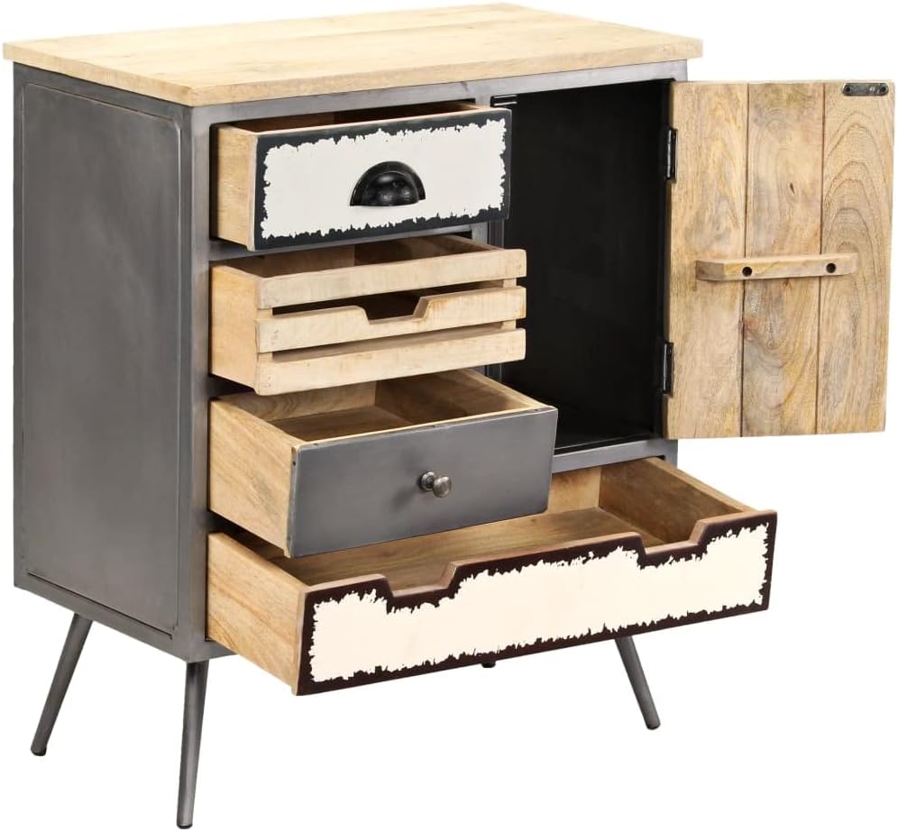 Mid-Century Modern Sideboard in Natural Mango Wood with Steel Accents, 4 Drawers and Spacious Cupboard for Living Room Dining Room Hallway Storage, Industrial Style Durable