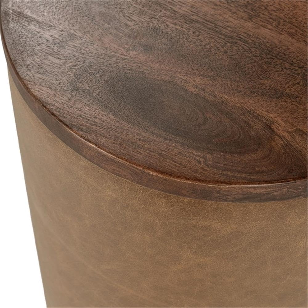 Pemberly Row Mango Wood Leather Wrap Accent End Table, Chestnut Finish, 16Wx16Dx24H, Rustic Grain Patterns, Genuine Leather Base, Round Tabletop, Elegant Modern or Rustic Living Room Furniture