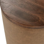 Pemberly Row Mango Wood Leather Wrap Accent End Table, Chestnut Finish, 16Wx16Dx24H, Rustic Grain Patterns, Genuine Leather Base, Round Tabletop, Elegant Modern or Rustic Living Room Furniture