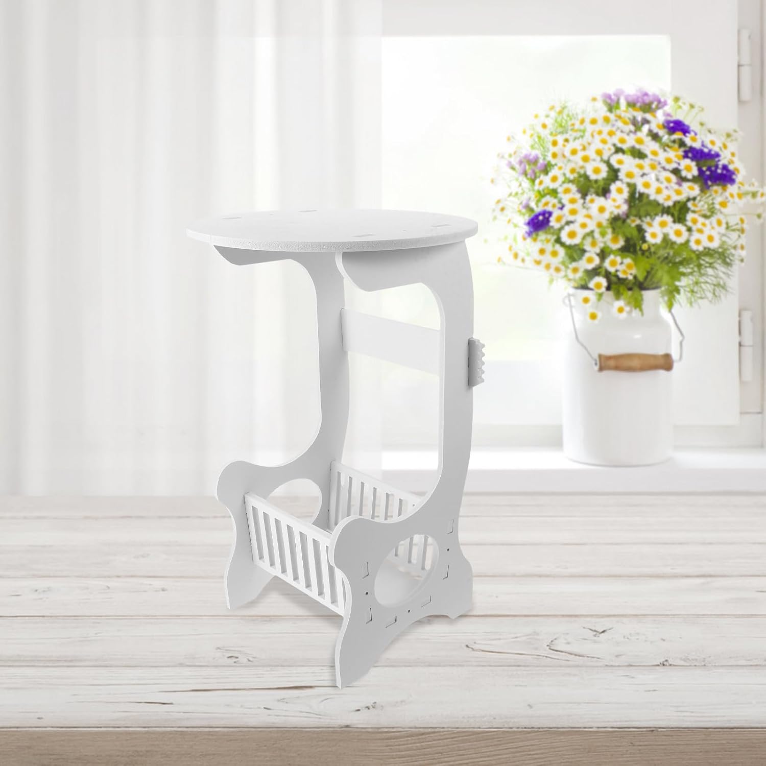 Small Round End Table White Nightstand Sofa Side Table Compact Wooden Plastic for Living Room Bedroom Balcony Storage and Magazine Holder