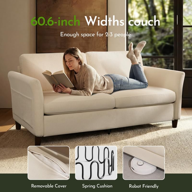 Valthie 61" Corduroy Loveseat Sofa, Modern Comfy Couches with Side Pocket, Living Room Couch, Couch for Bedroom and Small Spaces,2-Seater Sofa Beige