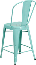 Flash Furniture Carly Commercial Grade 24" High Mint Green Metal Indoor-Outdoor Counter Height Stool with Back