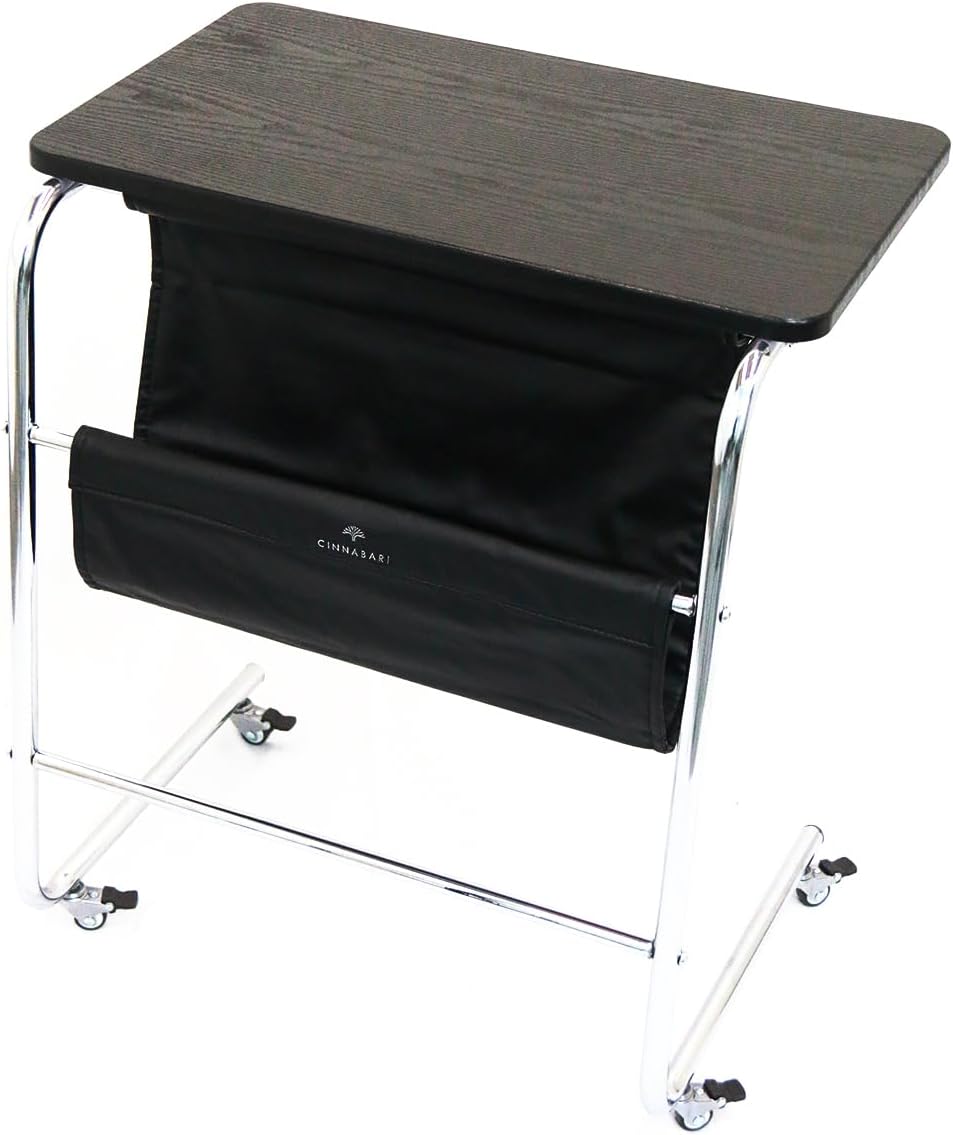 C-Shaped End Table, Movable Side Table for Couch, Sofa Table with Wood Top and Chrome Frame for Living Room, Bedroom, Bedside, Four Flexible Wheels, Black and Silver