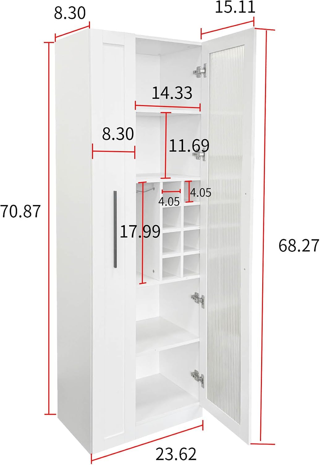 Kitchen Pantry Cabinet with Pull-Out Shelves, Farmhouse Storage Cabinet with Glass Doors, Freestanding Pantry Organizer and Bar Cabinet for Kitchen, Dining Room & Living Room, White