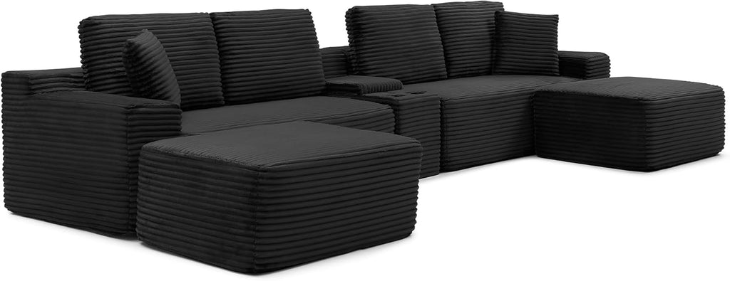 125" Oversized Sectional Couches for Living Room, Modern Boneless Cloud Couch with Ottoman,USB Port&Cup Holders, Comfy Corduroy Modular Sectional U Shape Sofa Couch for Apartment,Black Couch in a Box