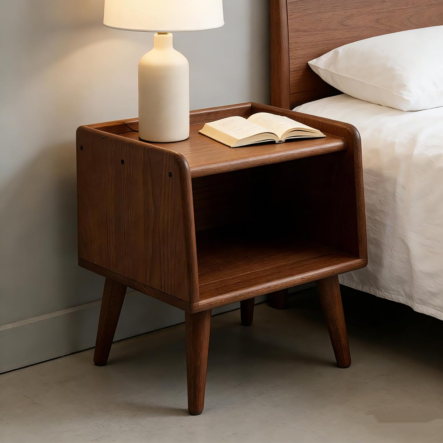 Solid Beech Wood End Tabld Nightstand Bedside Table Modern Night Stand Minimalist Bedside Storage Cabinet Wooden End Table for Bedroom (Walnut,1)
