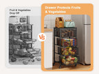 4-Tier Fruit Vegetable Storage Cart - Kitchen Organizer and Storage Cart with Wheels, Wooden Top Metal Wire Fruit Vegetable Rack Stand with Drawers to Storage Cans Snacks for Kitchen(Patent Pending)