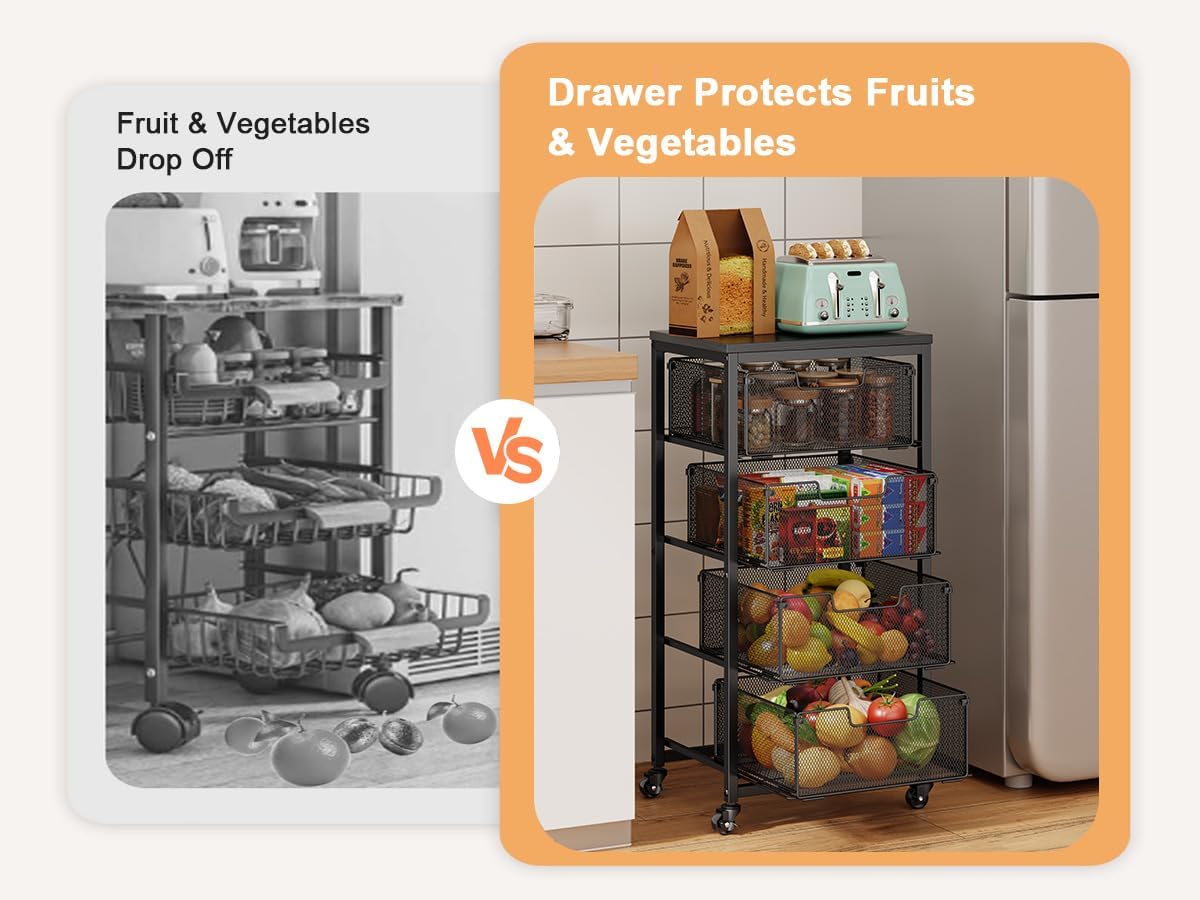 4-Tier Fruit Vegetable Storage Cart - Kitchen Organizer and Storage Cart with Wheels, Wooden Top Metal Wire Fruit Vegetable Rack Stand with Drawers to Storage Cans Snacks for Kitchen(Patent Pending)