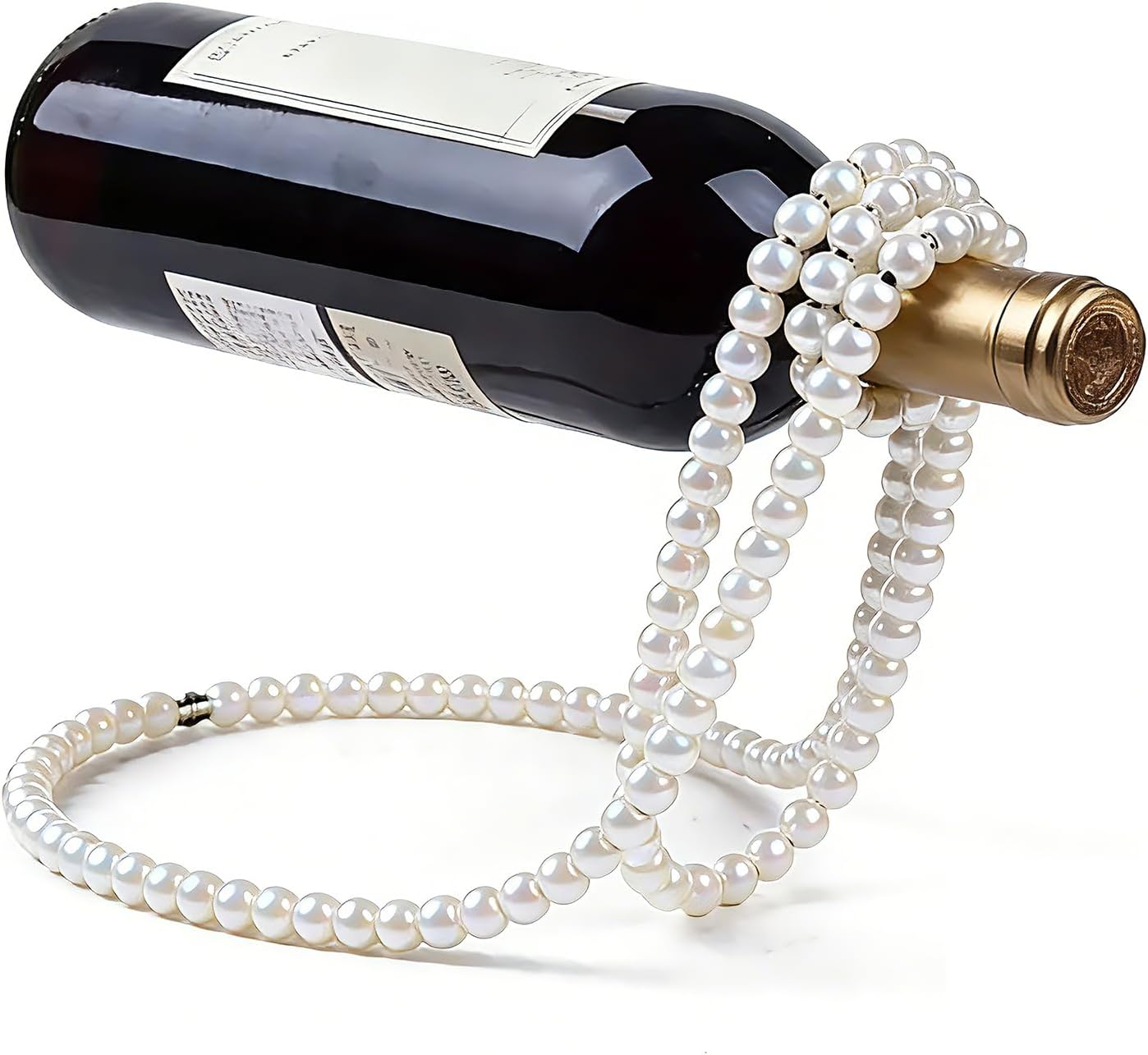 Artificial Pearl Necklace Wine Rack, Floating Countertop Wine Bottle Holder, Elegant Decor for Home Bar Kitchen & Living Room(White)