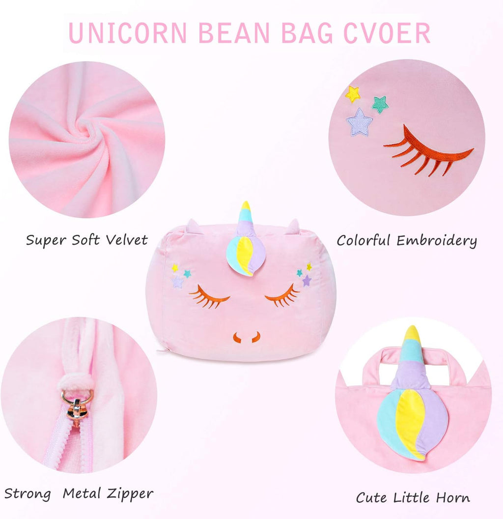Stuffed Animal Storage Bean Bag Chair Cover for Kids Pink Unicorn Beanbag Chair for Girls Large Size Toy Organizer Cover Only Without Filling
