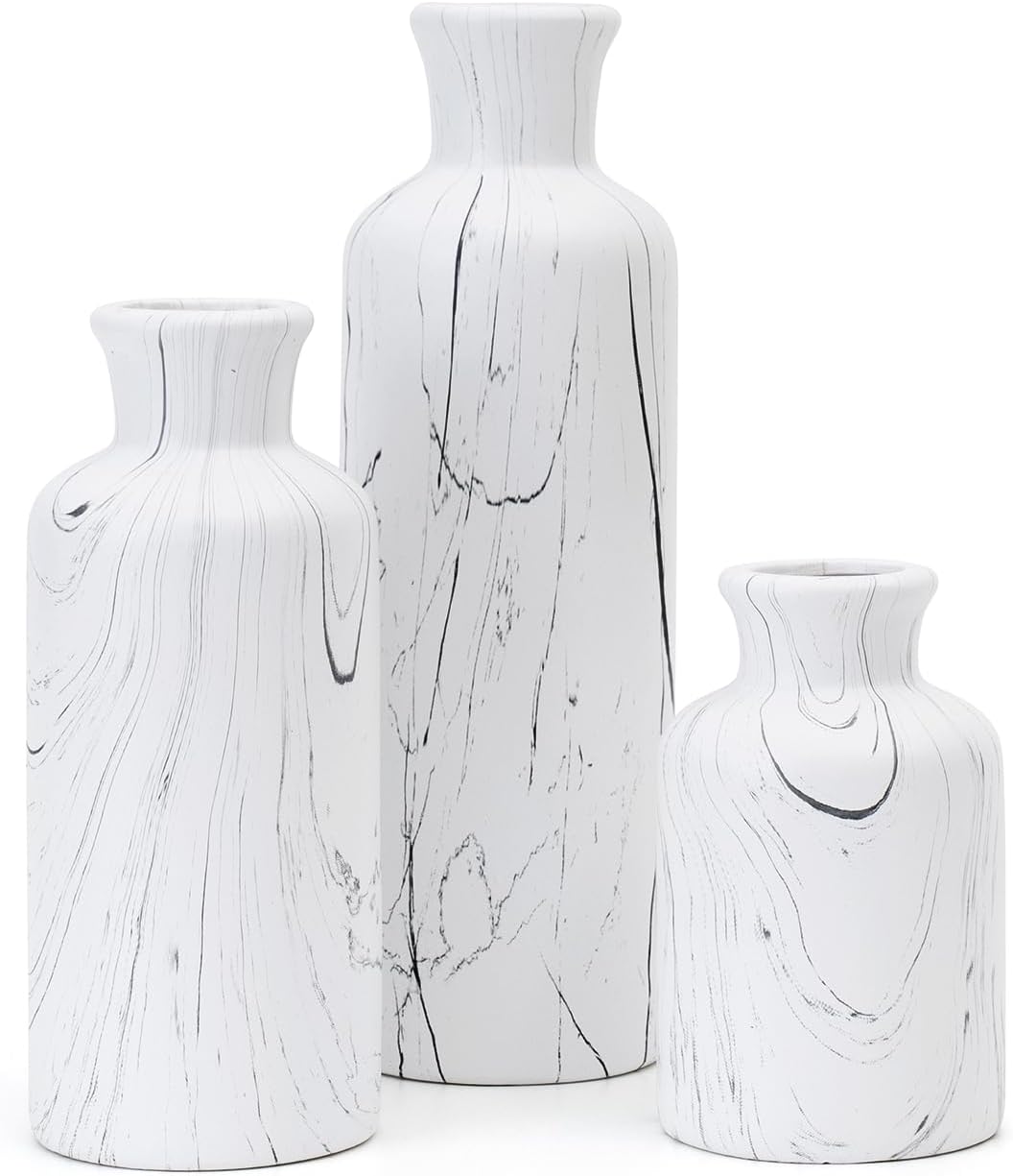 Modern Ceramic Flower Vase Set of 3, Minimalist Vase for Home Decor, Decorative Vase for Table Entryway Mantel Centerpiece Living Room Bathroom Bedroom (White Gray Marble)